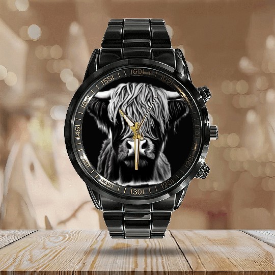 Highland cattle pencil sketch Calendar Steel Band Watch
