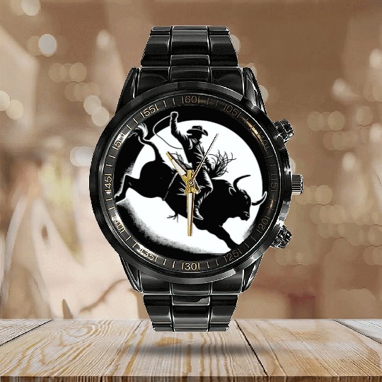 Rodeo Bull Riding Livestock Show Farmer Cattle Calendar Steel Band Watch