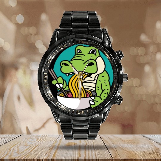 Trex Eating Ramen Food Lover Gift Calendar Steel Band Watch