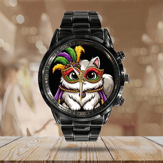 Mardi Gras Persian Cat, Masked Cat Costume Calendar Steel Band Watch