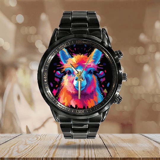 Watercolor Colorful Alpaca Colorful Animals Calendar Steel Band Watch