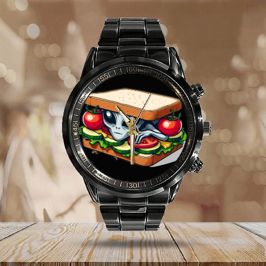 Alien Hiding in a Sandwich Calendar Steel Band Watch