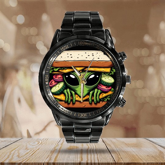 Alien Hiding in a Sandwich Calendar Steel Band Watch