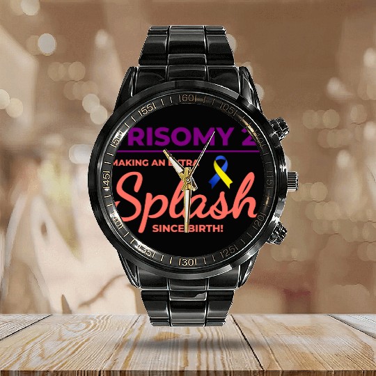 Down Syndrome Awareness Trisomy 21 Splash Calendar Steel Band Watch