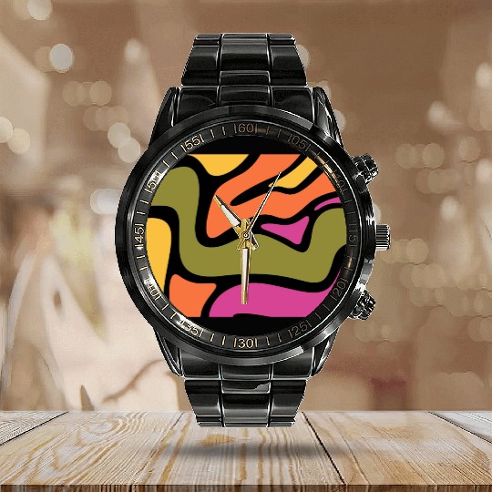 Psychedelic patterns, Aesthetic, Retro, Vintage Calendar Steel Band Watch