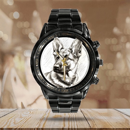 German sheperd puppy portrait pencil sketch Calendar Steel Band Watch
