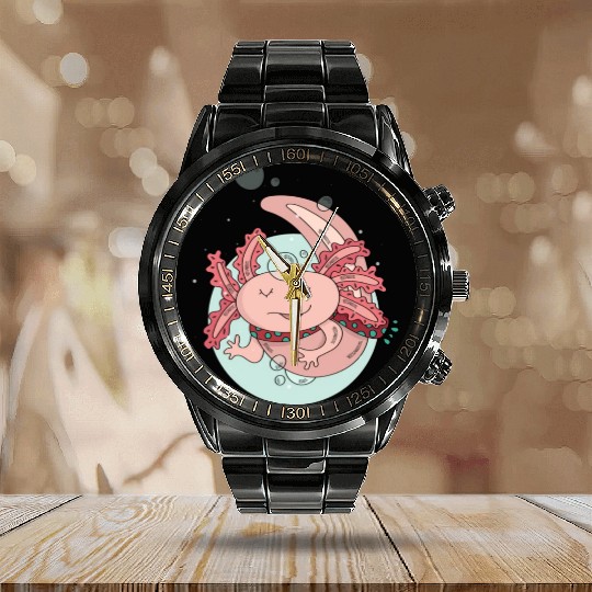 Pastel Axolotl Salamander Cute Lizard Lover Gift Calendar Steel Band Watch