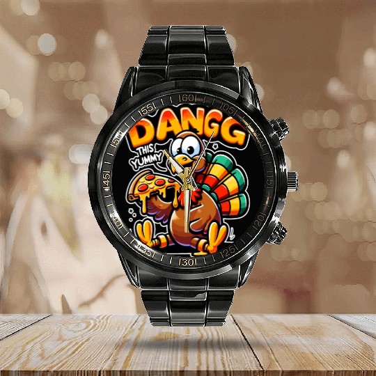 Dangg This Yummy, Cartoon Turkey Pizza Calendar Steel Band Watch