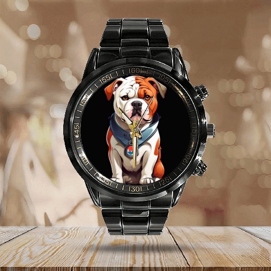 English Bulldog Stickers Calendar Steel Band Watch