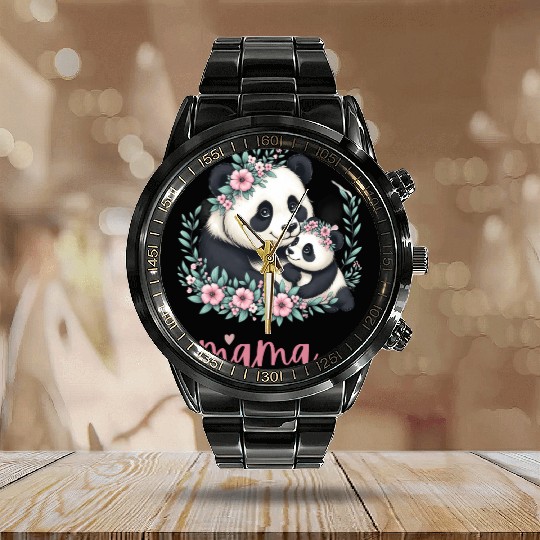 Panda Lover I Mama Panda And Cub Mother's Day Calendar Steel Band Watch