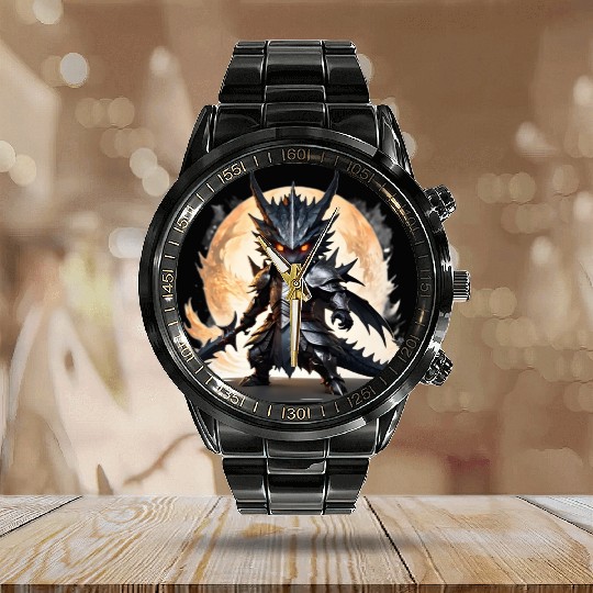 Chibi dragonwarrior Battle Pose in Full armor Calendar Steel Band Watch