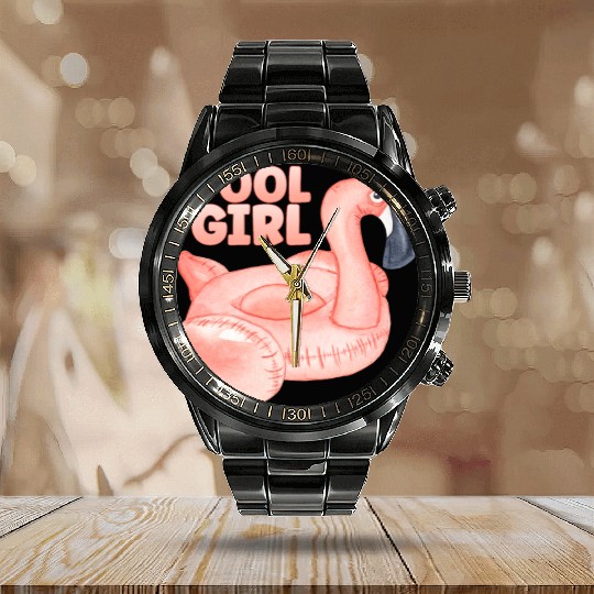 Pool Girl Flamingo Floatie Swimming Pool Calendar Steel Band Watch