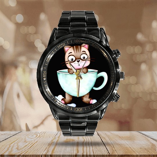 Surprised Silly Cat Wearing Coffee Cup Calendar Steel Band Watch