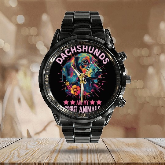 Colorful Dachshund with flowers Calendar Steel Band Watch