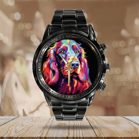 Watercolor Colorful Irish Setter Calendar Steel Band Watch