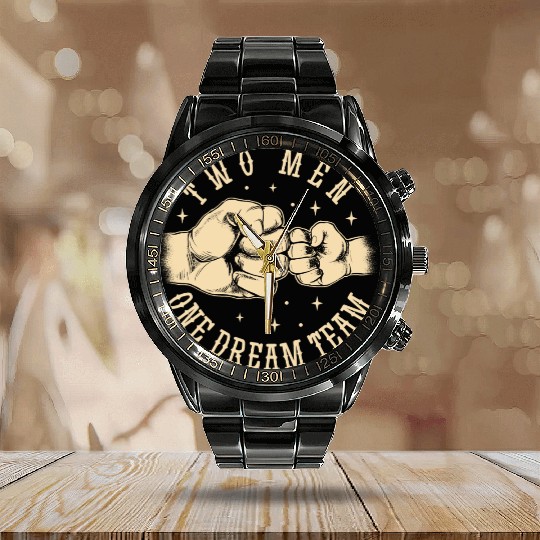 Father and son bump fists Calendar Steel Band Watch