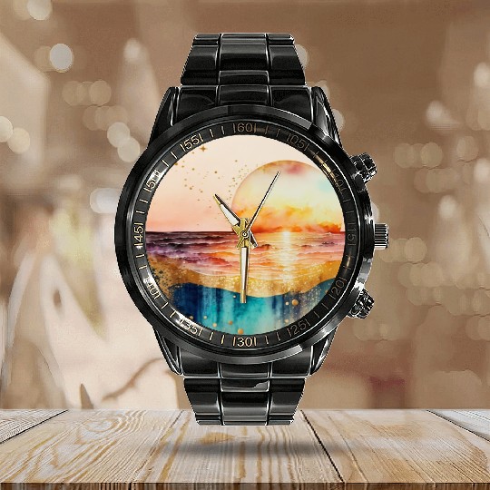 Sunset Beach Watercolor Painting Calendar Steel Band Watch