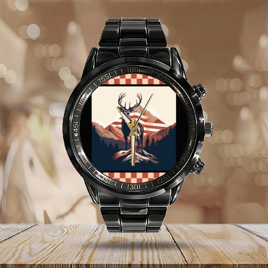 Mountain Range American Flag Rock Camo Deer Peak Calendar Steel Band Watch