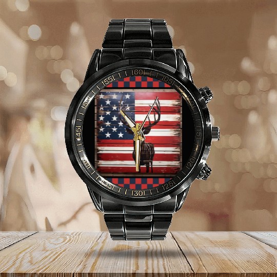 American Flag Deer Tracks Woodland Camo Hunting Calendar Steel Band Watch