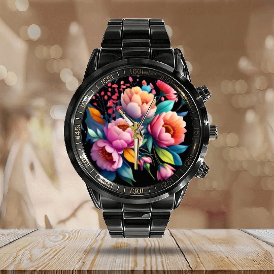 Watercolor Floral Elegance on Fabric Calendar Steel Band Watch