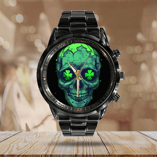 St Patricks Skeleton with Shamrock Eyes Calendar Steel Band Watch