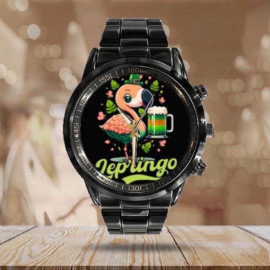 Irish Flamingo St Patricks Lepringo Calendar Steel Band Watch