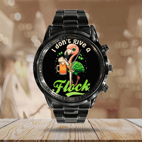 Irish Flamingo St Patricks Don't Give A Flock Beer Calendar Steel Band Watch
