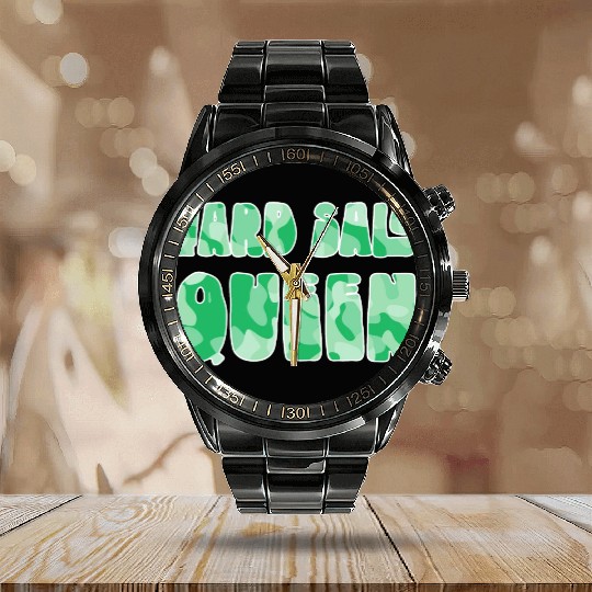 Yard Sale Queen green camo Calendar Steel Band Watch