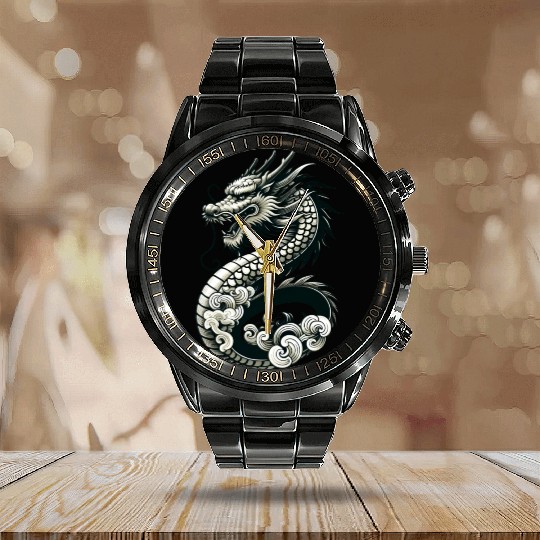 Moonlit Serenity of the Silver Dragon Calendar Steel Band Watch