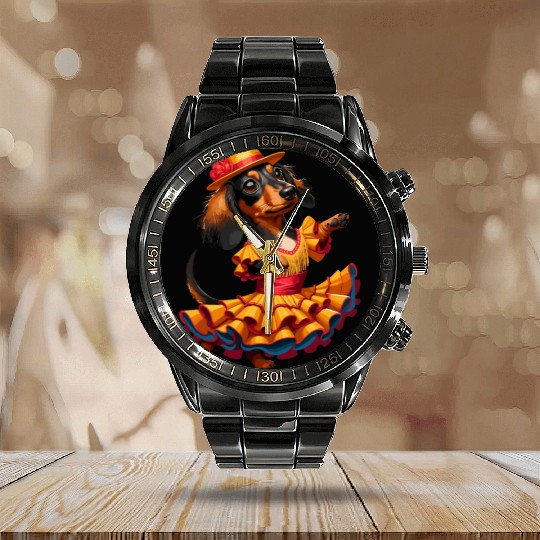 Dachshund dancing flamenco, animal dance Calendar Steel Band Watch