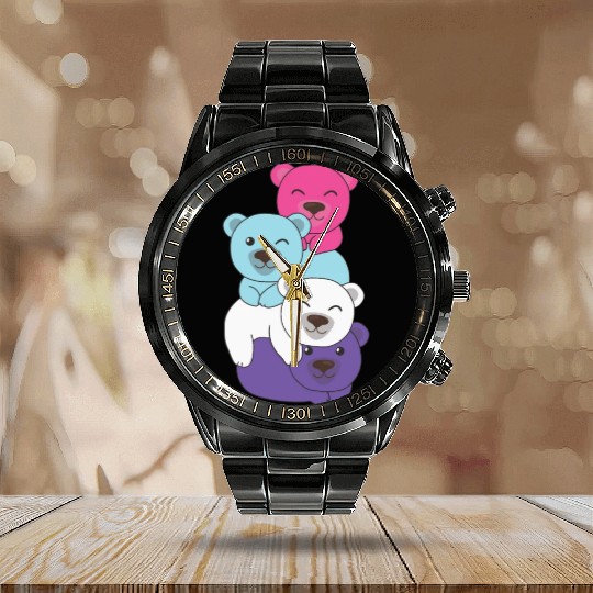 Multisexual Flag Pride Lgbtq Cute Bears Pile Calendar Steel Band Watch
