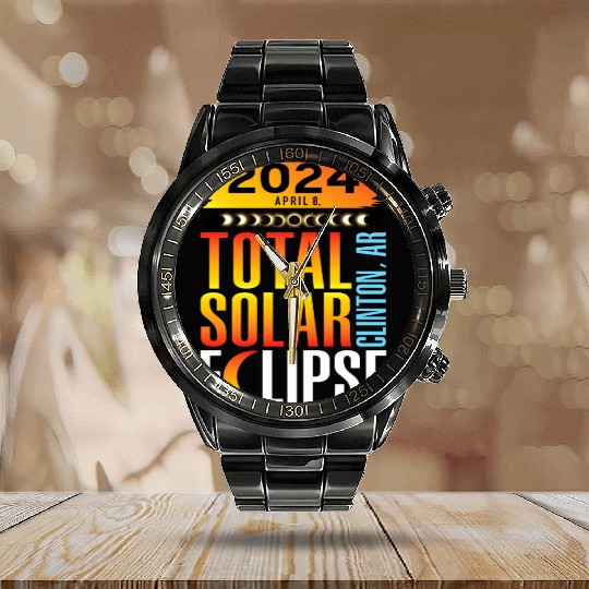 2024 April 8 Total Solar Eclipse Clinton AR Calendar Steel Band Watch