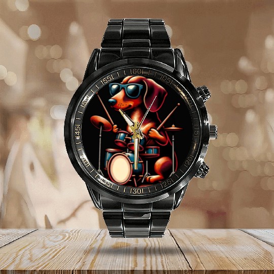 Dachshund Drummer Wiener Dog Design Calendar Steel Band Watch