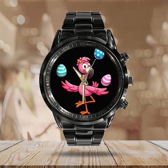 Flamingo Juggler with Easter Eggs Celebration Calendar Steel Band Watch