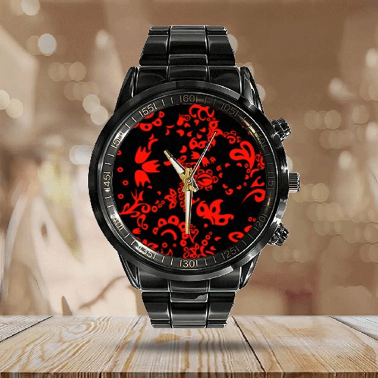 Folklore pattern with Ukrainian traditional colors Calendar Steel Band Watch