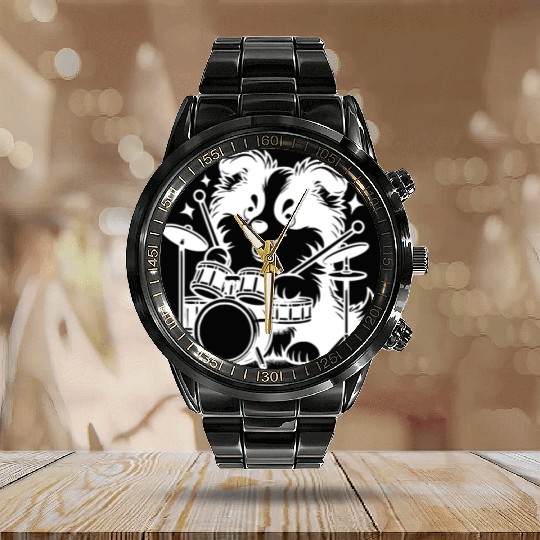 Cool Sheltie Puppy Drummer Design Calendar Steel Band Watch
