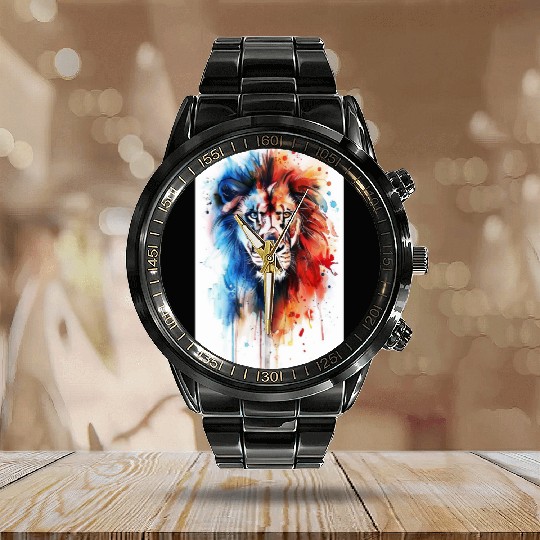 Lion Watercolor Calendar Steel Band Watch
