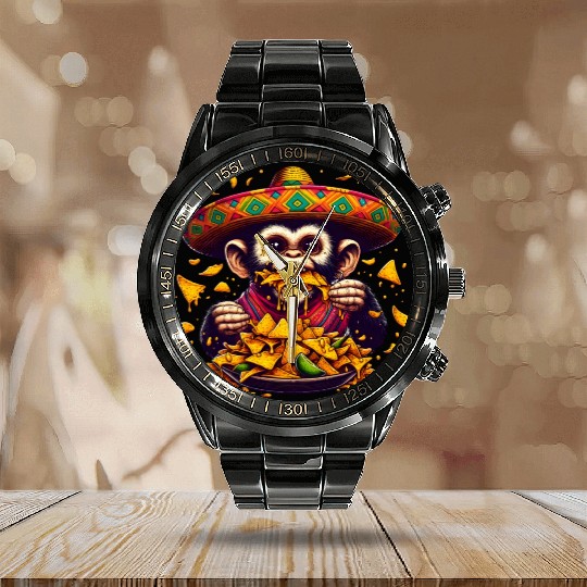 Cinco de Mayo Monkey Calendar Steel Band Watch
