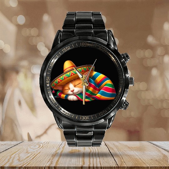 Cinco de Mayo cat in snooze mode Calendar Steel Band Watch
