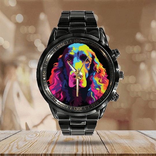 Watercolor Colorful Irish Water Water Spaniel Calendar Steel Band Watch
