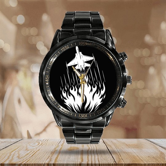 Fighter Jet Model Airplane Fire Flames Flight Calendar Steel Band Watch