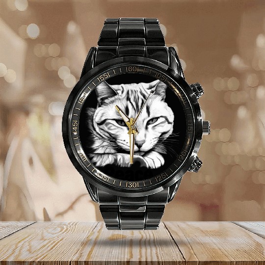 Peaceful Tabby Art Calendar Steel Band Watch
