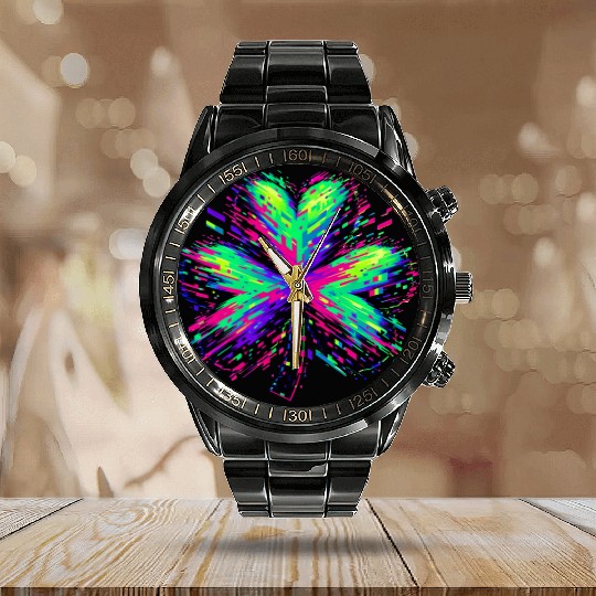 St Patricks Day Glitched Shamrock Calendar Steel Band Watch