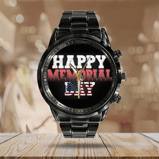 Patriotic Memorial Day Flag Design Calendar Steel Band Watch