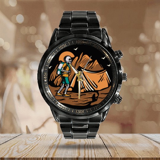 Hiking Hike Skeleton Skull Nature Calendar Steel Band Watch