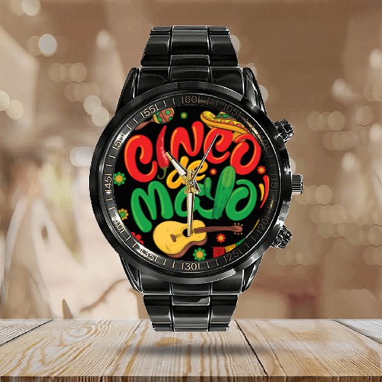 Cinco de Mayo Mexican Taco Guitar Fiesta Calendar Steel Band Watch