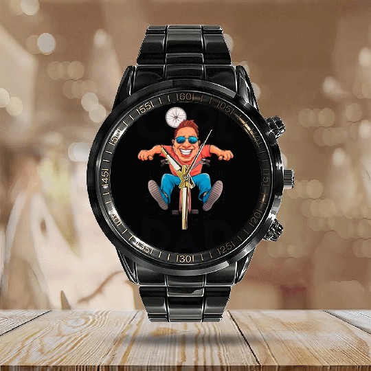 Cool Funny Dad riding bicycle - Father's Day Calendar Steel Band Watch
