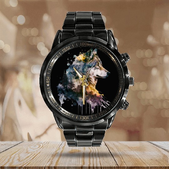 Wolf Print, Cosmic Wolves, Animal Print, Cosmos Calendar Steel Band Watch