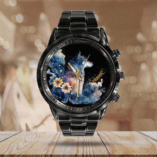 Wolf Print, Cosmic Wolves, Animal Print, Cosmos Calendar Steel Band Watch