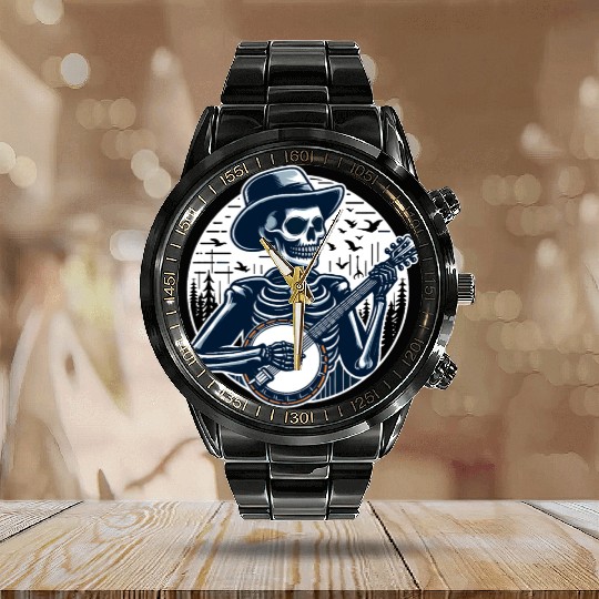 Skeleton Playing a Banjo Calendar Steel Band Watch